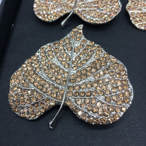 x12 Tahari Rhinestone Aspen Leaf Napkin Ring Set Elegant Fall Decor Thanksgiving - Picture 4 of 5